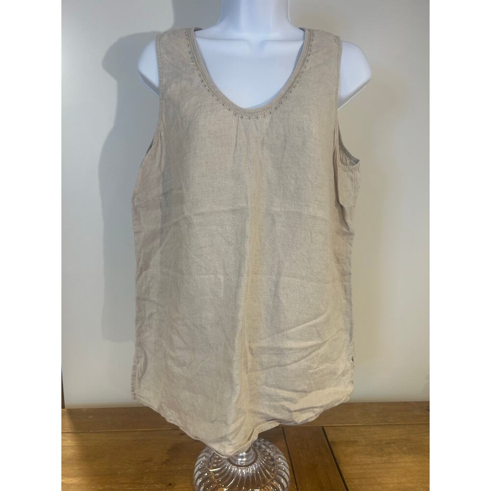 J JILL Sz L Linen Taupe Tank Top Tunic Eyelet Neck Detail Summer Lightweight